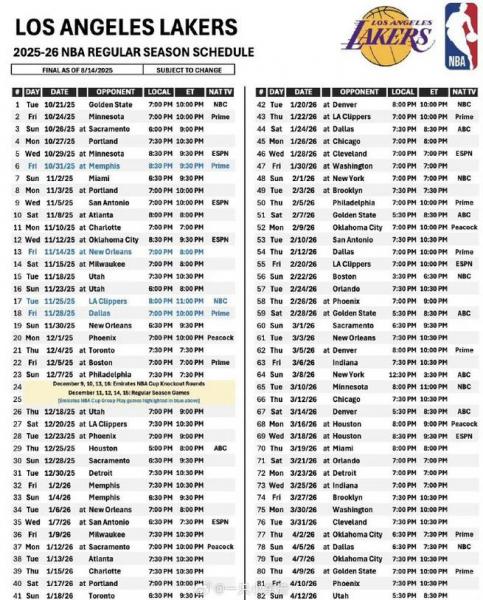 NBA最新赛程，nba最新赛程湖人